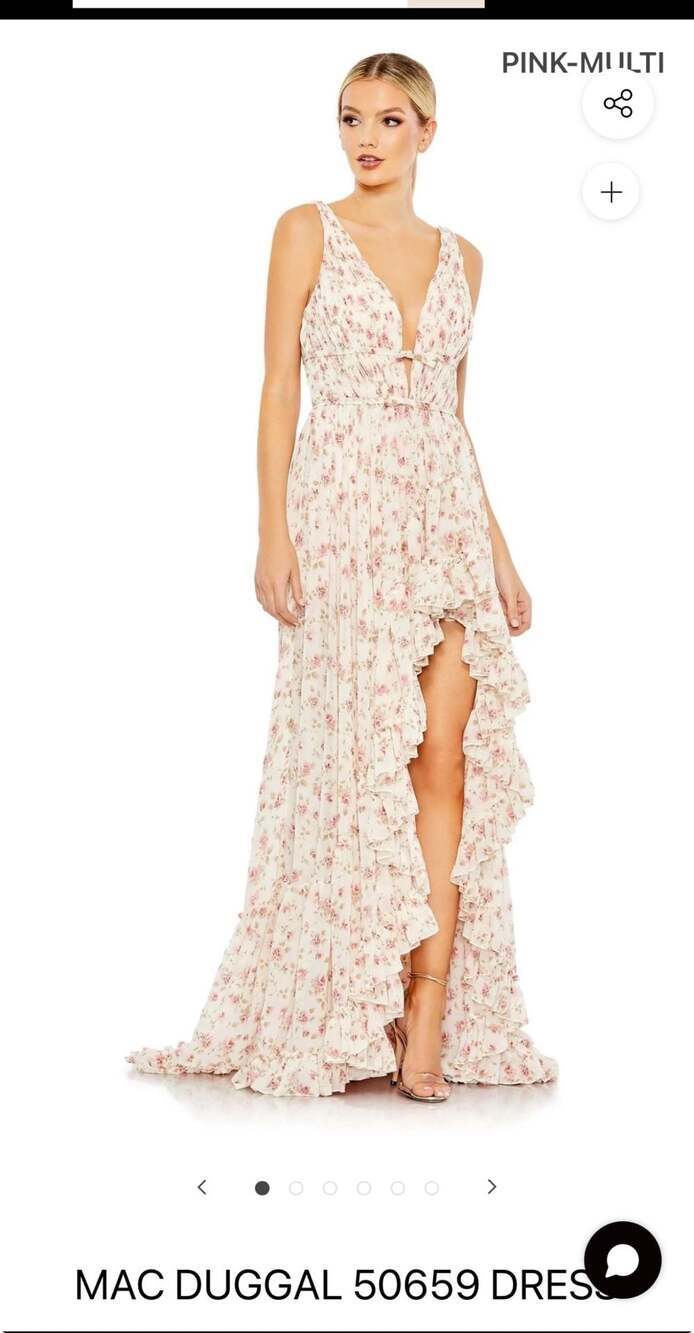 Mac Duggal 50659 Open-Back Ruffled Floral Print Maxi High-Low Gown